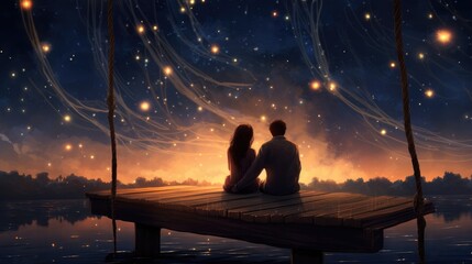 Sitting close together on a pier - magic night of love - people