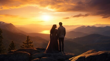 Couple of Love waiting for the sunset over the mountains - peopl