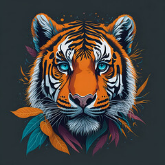 Fototapeta premium colorful, cute, Tiger Woods, face, vibrant, t-shirt design, symmetrical, victor, Flat design, bold vivid colors, white background, Highly detailed, cute, Generative Ai
