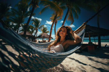 Relax Tropical Paradise. Woman lying in a hammock surrounded by palm trees, with a paradisiacal beach in the background. Relaxation and paradise getaway concept. AI Generative