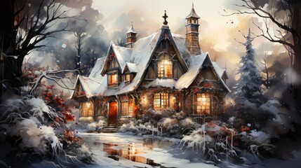Fototapeta premium A cute winter village decorated for Christmas. Generative AI. 