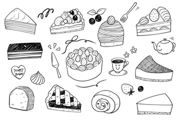 Hand-drawn rough line cakes of all kinds set