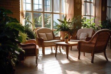 Sunlit Conservatory Lounge with Rattan Chairs and Lush Greenery