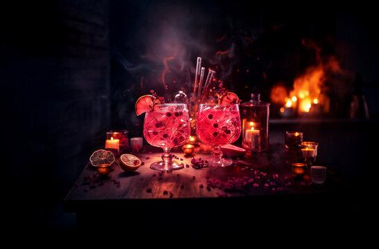 Cocktail drinks on table signature drink with fruits in a calid warm environment