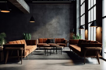 Industrial Chic Lounge: Dark Concrete Wall, Burnt Orange Sofas, & Large Windows