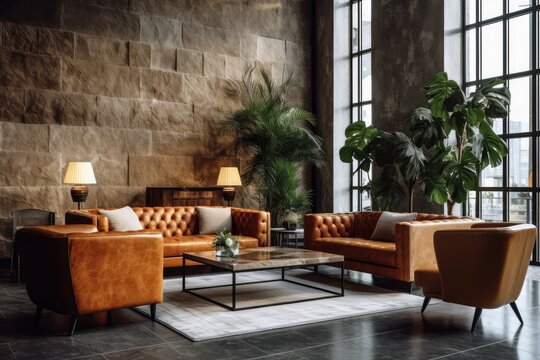Luxurious Leather Lounge: Industrial Chic Stone Wall & Expansive Window