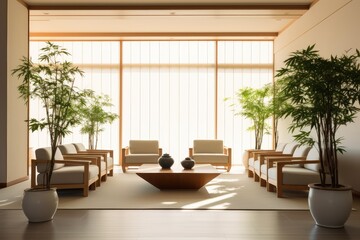 Fototapeta premium Serene Minimalist Japanese Lounge with Shoji Screens and Bamboo Plants