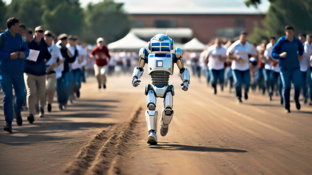 Generative AI image of robot man running.