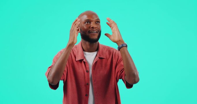 Wow, thinking and a black man on a blue background with an idea or mind blown plan with mockup. Happy, solution and an African person with a smart vision or knowledge isolated on a studio backdrop