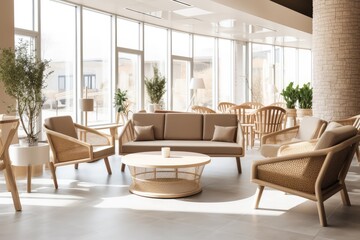 Fototapeta premium Sunlit Modern Lobby with Neutral Tone Furniture & Greenery
