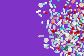 Pharmaceutical texture. Pattern with pills. Antibiotics on purple. Template for pharmaceutical industry. Texture for pharmaceutical company advertising. Medicines antidepressants concept. 3d image