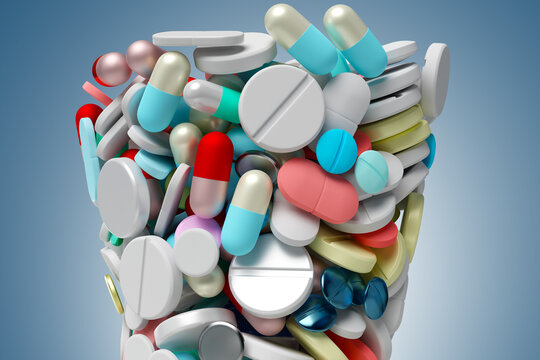Drug pills for treatment. Medicaments in form of glass. Multicolored drug pills. Round tablets and capsules. Medicaments to relieve pain. Drug pills to treat patients. Medicine pharmacology. 3d image