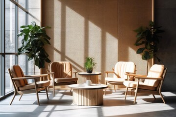 Sun-Drenched Minimalist Lounge:  Warm Wood & Textured Light