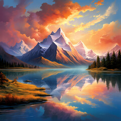 Fototapeta na wymiar The serene beauty of a picturesque mountain landscape at sunrise, showcasing the vibrant colors of the sky and the majestic peaks in the background. Illustrative AI 