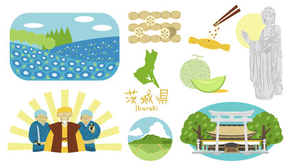 茨城県　名物観光地のイラストセット