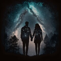 man and woman holding hands in silhouette with a galaxy in the background 