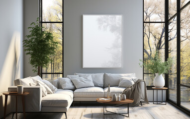 living room. Bright light from the afternoon seeps through the sizable glass window. A white oversized photo frame is beautifully showcased on the white sofa.  Generative AI