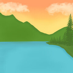 Fototapeta na wymiar Mountain forest with lake sunset sky view wallpaper background