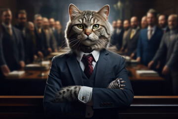Cat lawyer in court. Generative AI - obrazy, fototapety, plakaty