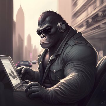 paint a silverback gorilla wearing a bomber jacket black sunglasses driving through a city with a laptop open 