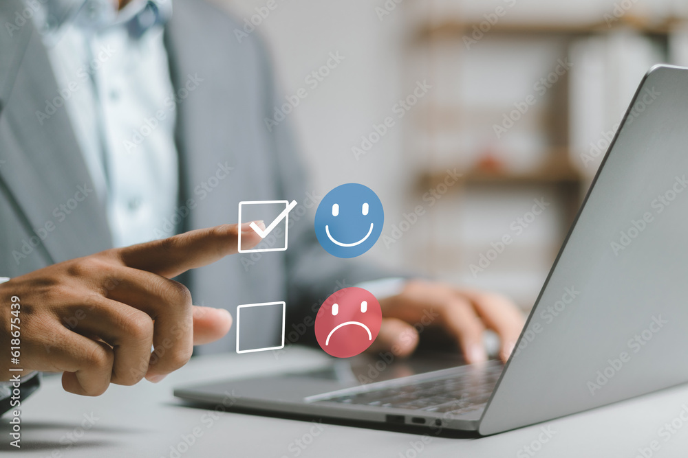 Poster customer satisfaction survey concept, user rate the service experience on online website..