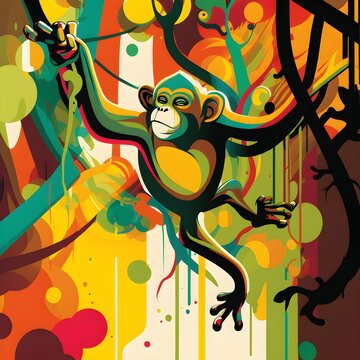 A colorful and playful portrait of a monkey swinging through a stylized forest rendered in a style reminiscent of Futuras abstract and dynamic graffiti art The monkey is depicted with bold outlines 