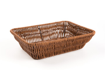 Empty fruits basket isolated on white background. Wooden basket