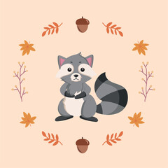 Isolated colored cute raccoon autumn animal Vector