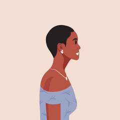 Young beautiful African American woman profile portrait. Female person with brown skin and curly hair. Vector illustration