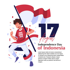 illustration of Indonesian independence celebration a young man jumping carrying a flag