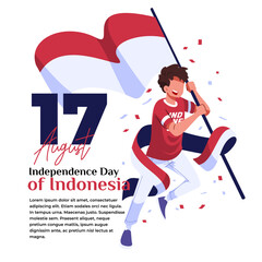 illustration of Indonesian independence celebration a young man is excited with a flag