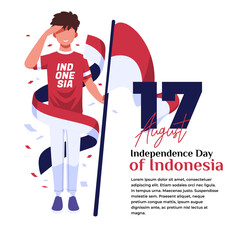 illustration of the celebration of Indonesian independence, a young man respectfully carrying a flag