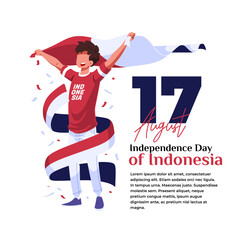 illustration of the celebration of Indonesian independence, a young man raises a flag in his hand