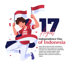 illustration of the celebration of Indonesian independence, a happy young man carrying a small flag
