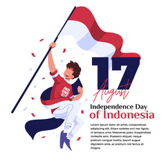 illustration of the celebration of Indonesian independence, a happy young man carrying a flag stick