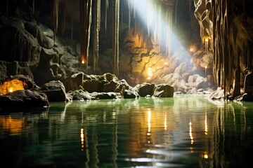 underground springs in the dark cave professional photography AI Generated