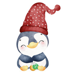 Cheerful Winter Penguin Wearing with Presents Box. 