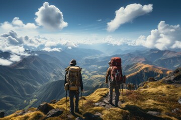 Traveler. Hiker standing on top of mountain and resting with backpack.