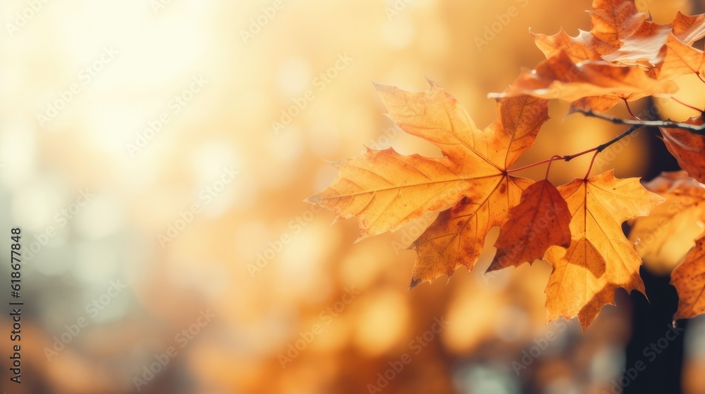 Leinwandbilder web banner design for autumn season and end year activity with red and yellow maple leaves with soft focus light and bokeh background