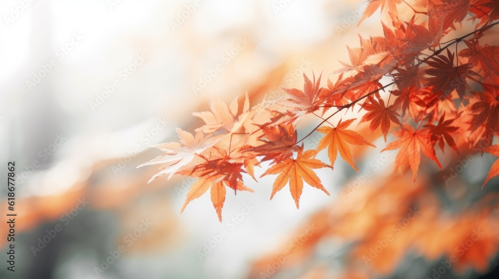 Leinwandbilder web banner design for autumn season and end year activity with red and yellow maple leaves with soft focus light and bokeh background