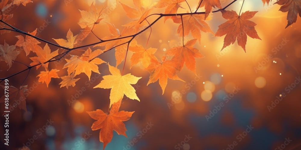 Poster web banner design for autumn season and end year activity with red and yellow maple leaves with soft focus light and bokeh background