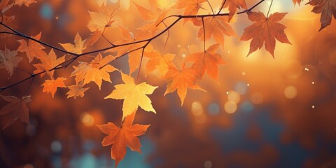 web banner design for autumn season and end year activity with red and yellow maple leaves with soft focus light and bokeh background