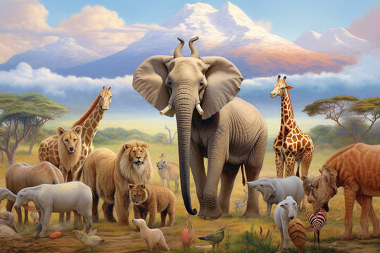 a group of African animals in the zoo cute,  3d rendering,  AI generative 