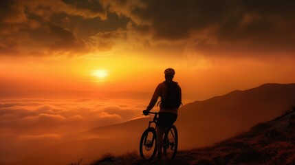 Naklejka na ściany i meble Cyclists silhouette standing on big rock against sunset. Mountain bike concept