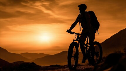 Obraz na płótnie Canvas Cyclists silhouette standing on big rock against sunset. Mountain bike concept