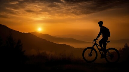 Cyclists silhouette standing on big rock against sunset. Mountain bike concept