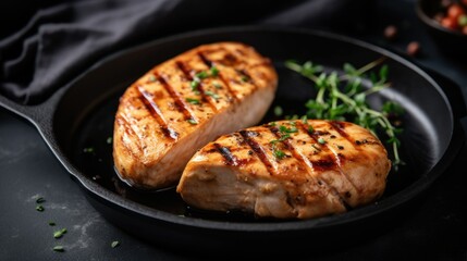 Plate with cooked chicken fillet on dark background