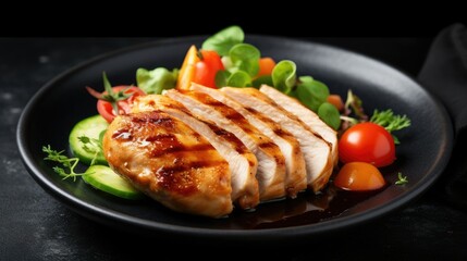 Plate with cooked chicken fillet on dark background - obrazy, fototapety, plakaty