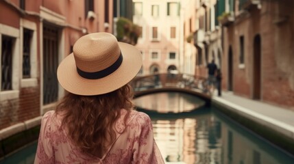 Fototapeta na wymiar Seen from behind modern middle aged traveler woman in floral dress with hat sightseeing in Venice, Italy