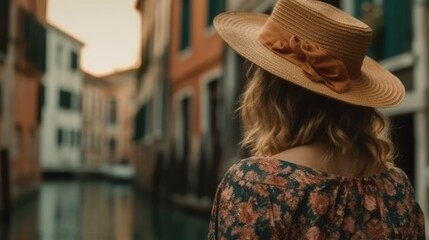 Seen from behind modern middle aged traveler woman in floral dress with hat sightseeing in Venice, Italy